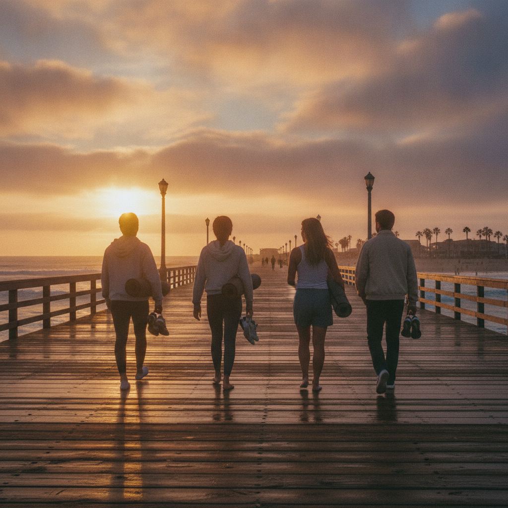 The club walking the Huntington Beach pier at sunset